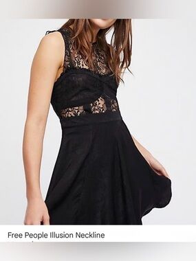 NEW Free People Black Lace Illusion Neckline Fit & Flare Mini Dress XS